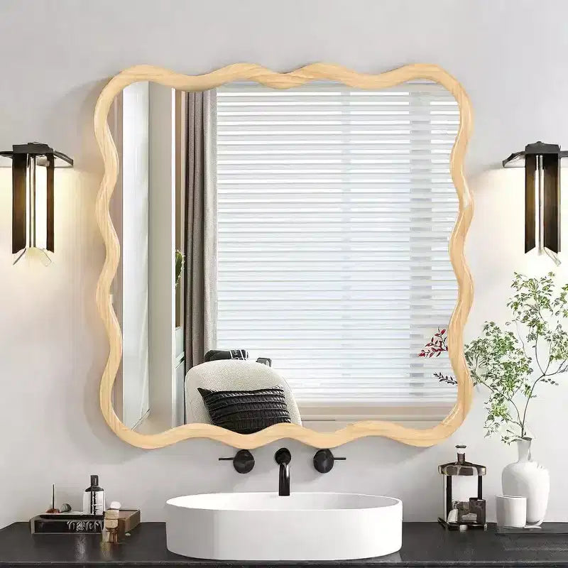 Specchio da bagno quadrato moderno Okak 36IN con cornice ondulata in legno massello, specchio da parete ad alta riflessione, specchio per vanità per bagno, soggiorno