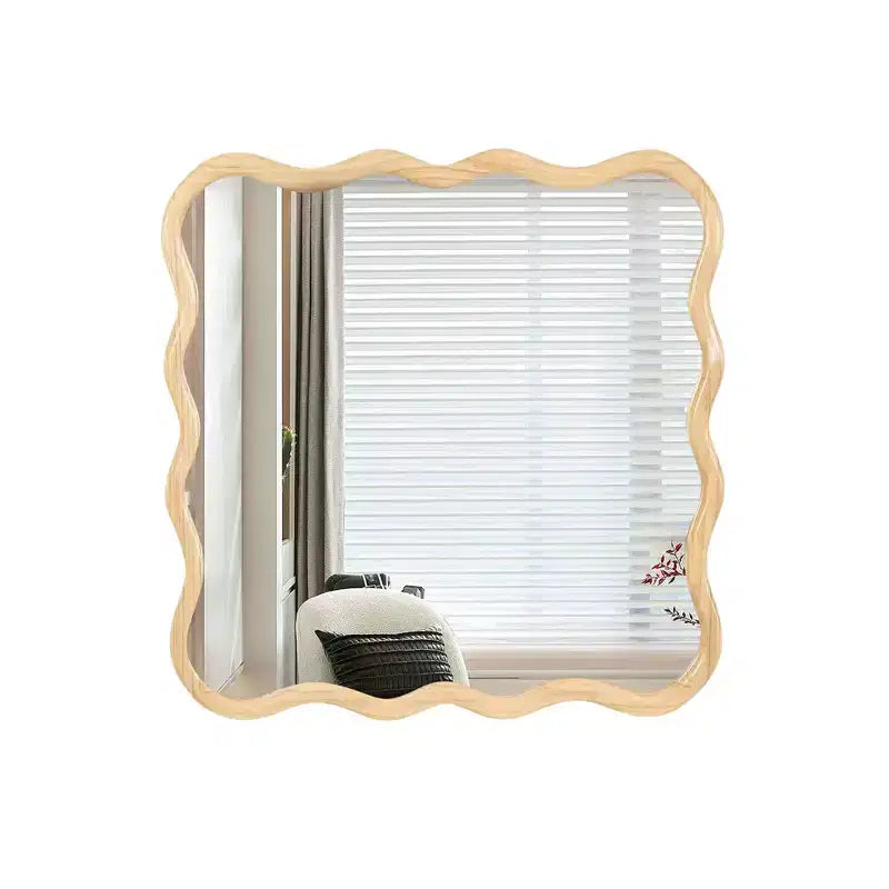 Specchio da bagno quadrato moderno Okak 36IN con cornice ondulata in legno massello, specchio da parete ad alta riflessione, specchio per vanità per bagno, soggiorno