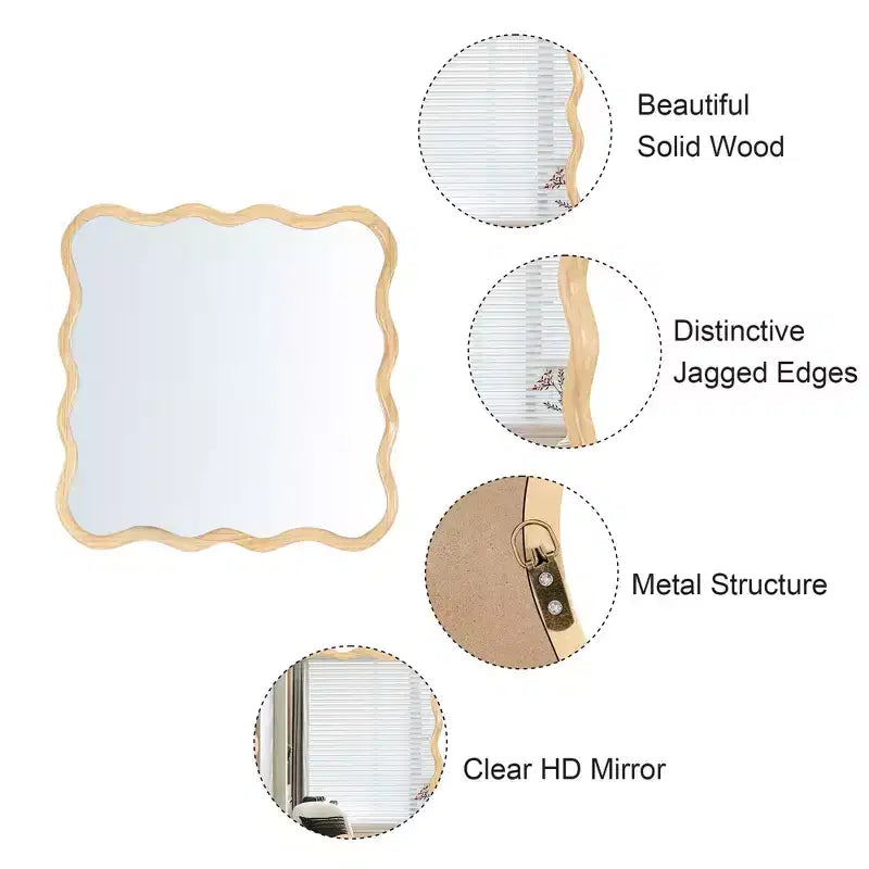 Specchio da bagno quadrato moderno Okak 36IN con cornice ondulata in legno massello, specchio da parete ad alta riflessione, specchio per vanità per bagno, soggiorno