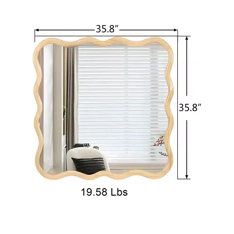Specchio da bagno quadrato moderno Okak 36IN con cornice ondulata in legno massello, specchio da parete ad alta riflessione, specchio per vanità per bagno, soggiorno