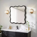Specchio da bagno quadrato moderno Okak 36IN con cornice ondulata in legno massello, specchio da parete ad alta riflessione, specchio per vanità per bagno, soggiorno