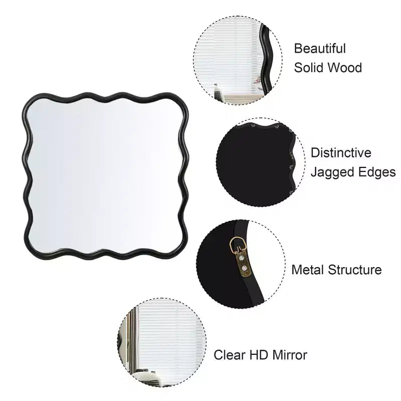 Specchio da bagno quadrato moderno Okak 36IN con cornice ondulata in legno massello, specchio da parete ad alta riflessione, specchio per vanità per bagno, soggiorno