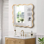 Specchio da bagno quadrato moderno Okak 36IN con cornice ondulata in legno massello, specchio da parete ad alta riflessione, specchio per vanità per bagno, soggiorno