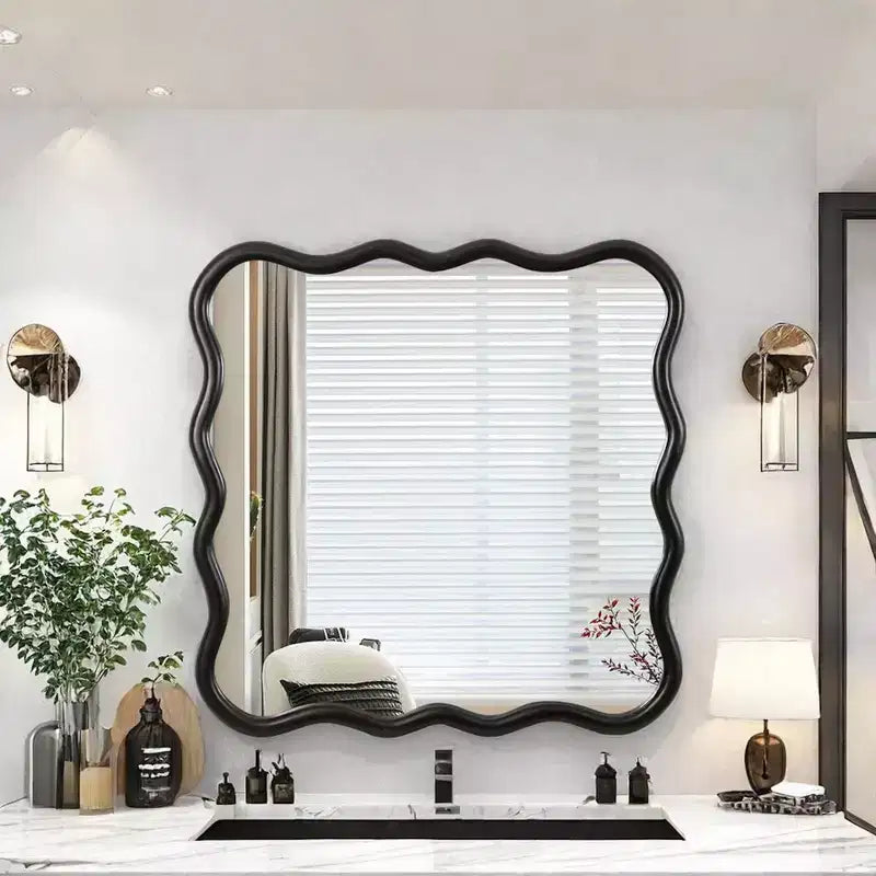 Okak 36IN Modern Square Bathroom Mirror with Solid Wood Wavy Frame, Wall Mirror with High Reflection, Vanity Mirror for Bathroom, Living Room
