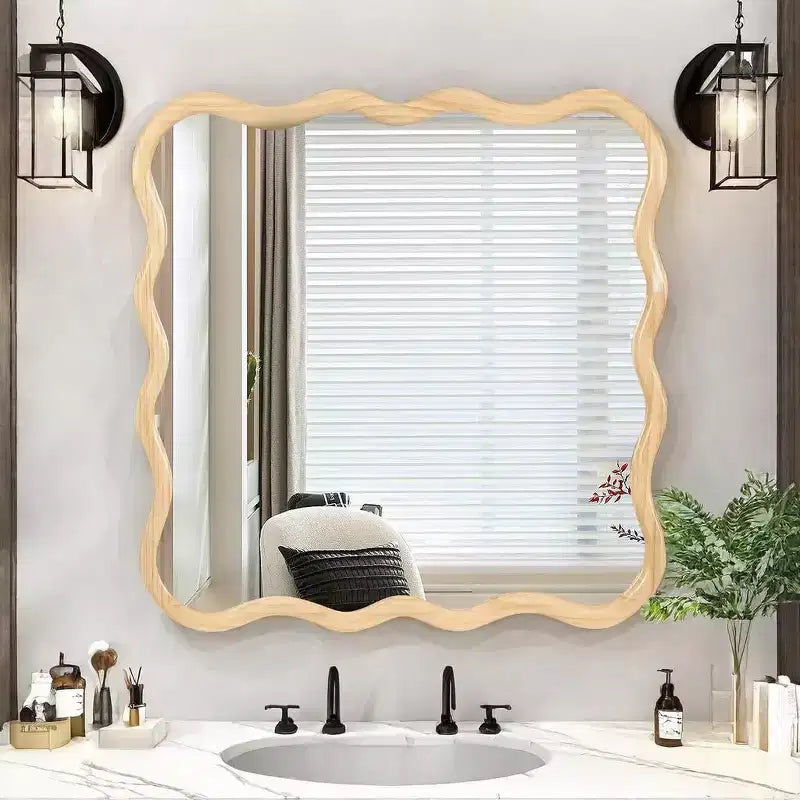 Specchio da bagno quadrato moderno Okak 36IN con cornice ondulata in legno massello, specchio da parete ad alta riflessione, specchio per vanità per bagno, soggiorno
