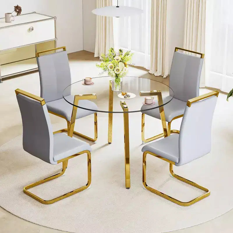 Okak 42IN Tavolo da pranzo elegante in vetro temperato, Tavolo da cucina con gambe in metallo dorato, Tavolo rotondo per soggiorno, sala da pranzo, cucina, Oro