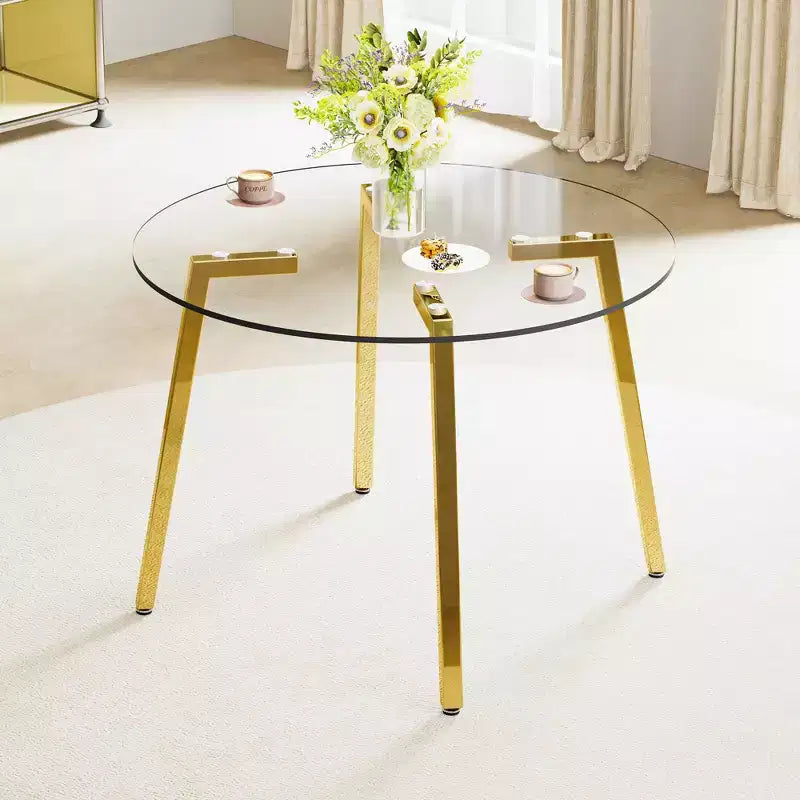Okak 42IN Tavolo da pranzo elegante in vetro temperato, Tavolo da cucina con gambe in metallo dorato, Tavolo rotondo per soggiorno, sala da pranzo, cucina, Oro