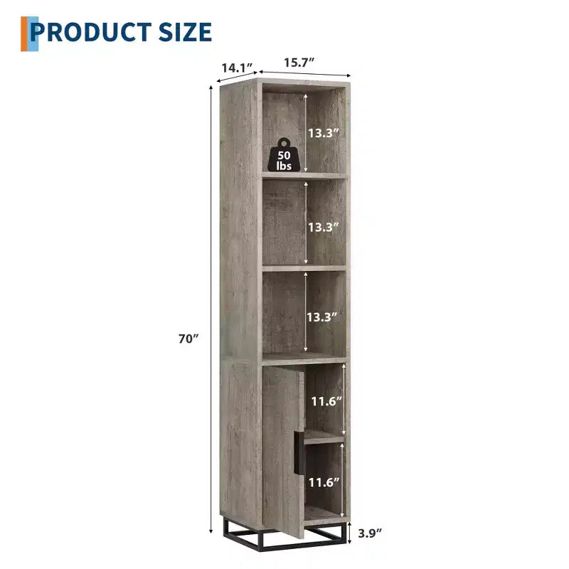 Mobiletto contenitore alto 178 cm con base con struttura in metallo e ripiani regolabili, mobiletto contenitore aperto autoportante per bagno, soggiorno