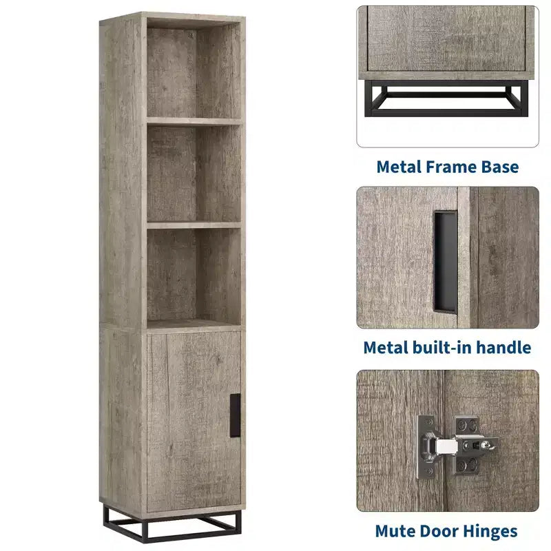 Mobiletto contenitore alto 178 cm con base con struttura in metallo e ripiani regolabili, mobiletto contenitore aperto autoportante per bagno, soggiorno