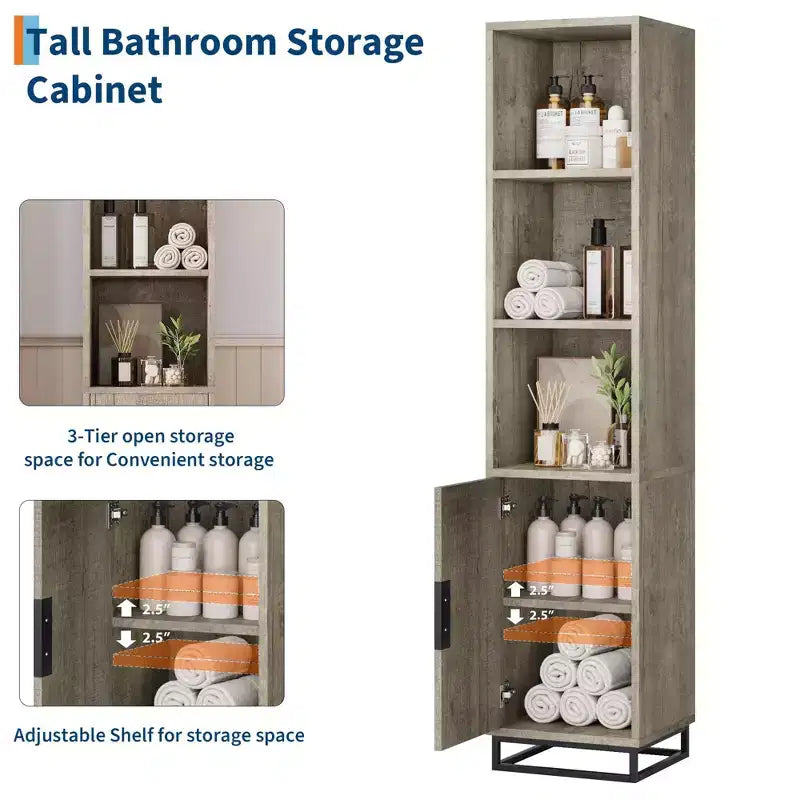 Mobiletto contenitore alto 178 cm con base con struttura in metallo e ripiani regolabili, mobiletto contenitore aperto autoportante per bagno, soggiorno