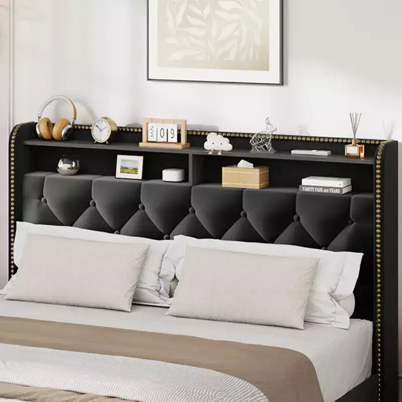 Struttura Letto con 4 Cassetti Contenitore, 2 Ripiani Contenitori e Rivestimento Borchiato, Letto a Piattaforma in Velluto Nero con Elegante Rivestimento della Testiera, Facile da Montare