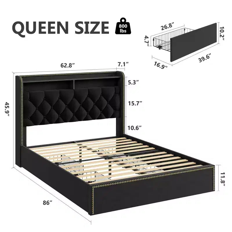 Struttura Letto con 4 Cassetti Contenitore, 2 Ripiani Contenitori e Rivestimento Borchiato, Letto a Piattaforma in Velluto Nero con Elegante Rivestimento della Testiera, Facile da Montare