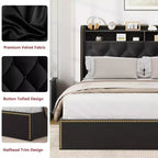 Struttura Letto con 4 Cassetti Contenitore, 2 Ripiani Contenitori e Rivestimento Borchiato, Letto a Piattaforma in Velluto Nero con Elegante Rivestimento della Testiera, Facile da Montare