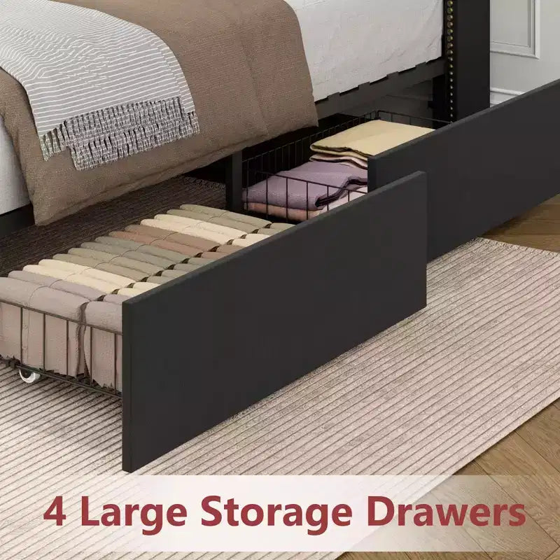 Struttura Letto con 4 Cassetti Contenitore, 2 Ripiani Contenitori e Rivestimento Borchiato, Letto a Piattaforma in Velluto Nero con Elegante Rivestimento della Testiera, Facile da Montare