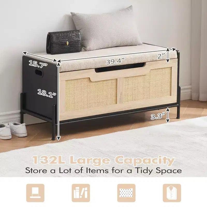 Panca Contenitore in Rattan con Cuscino, Contenitore per Giocattoli con 2 Cerniere di Sicurezza, Panca Contenitore da 100 cm per Camera da Letto, Panca Portaoggetti con Contenitore, Scarpiera, per Soggiorno