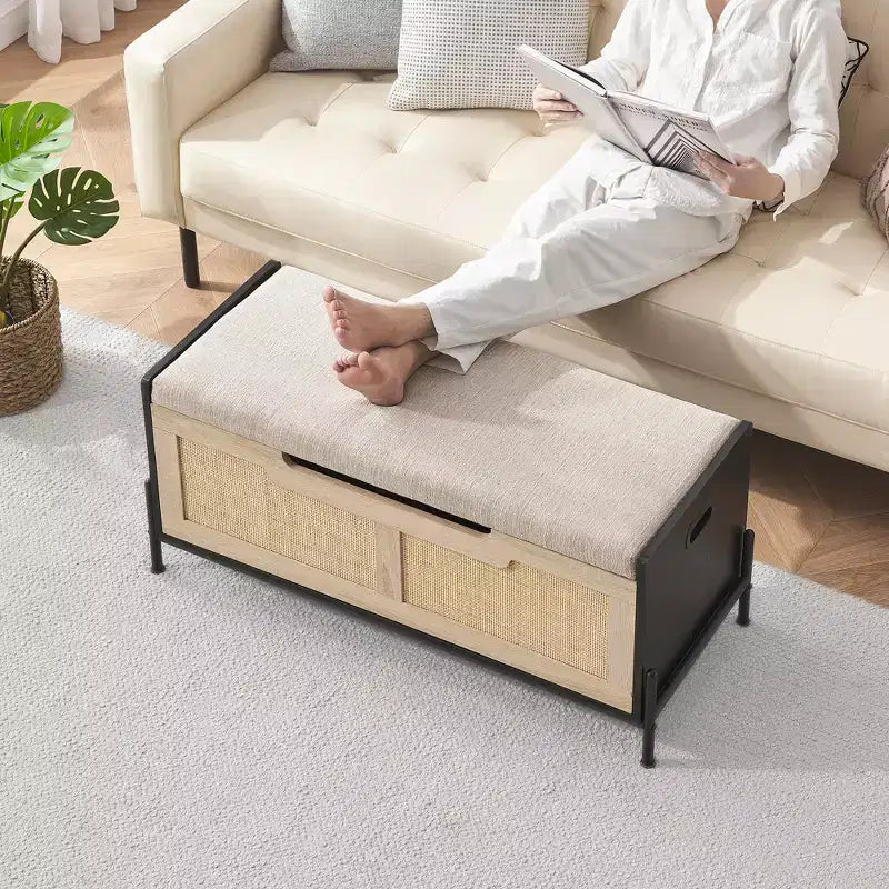 Panca Contenitore in Rattan con Cuscino, Contenitore per Giocattoli con 2 Cerniere di Sicurezza, Panca Contenitore da 100 cm per Camera da Letto, Panca Portaoggetti con Contenitore, Scarpiera, per Soggiorno