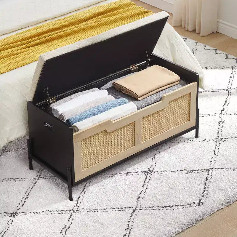 Panca Contenitore in Rattan con Cuscino, Contenitore per Giocattoli con 2 Cerniere di Sicurezza, Panca Contenitore da 100 cm per Camera da Letto, Panca Portaoggetti con Contenitore, Scarpiera, per Soggiorno