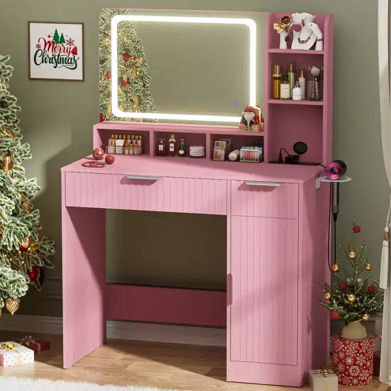 Besiost Toeletta con Specchio e 3 Luci Colorate, Scrivania da Trucco con Cassetti