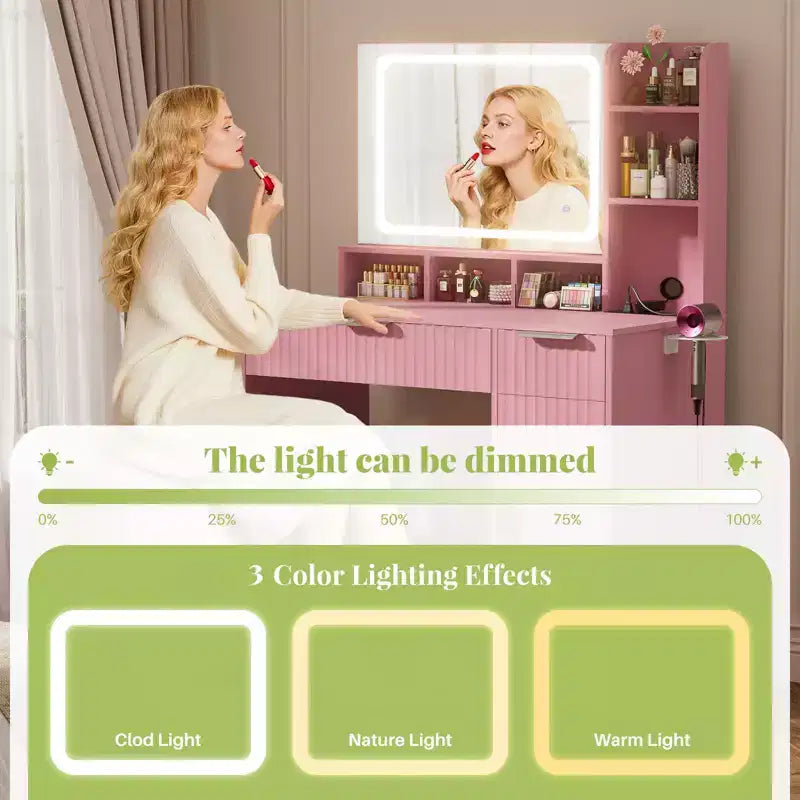 Besiost Toeletta con Specchio e 3 Luci Colorate, Scrivania da Trucco con Cassetti