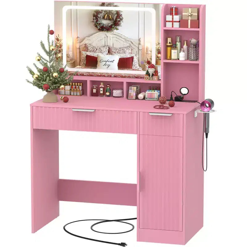 Besiost Toeletta con Specchio e 3 Luci Colorate, Scrivania da Trucco con Cassetti
