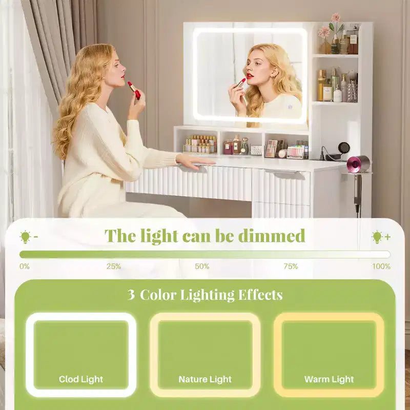 Besiost Toeletta con Specchio e 3 Luci Colorate, Scrivania da Trucco con Cassetti