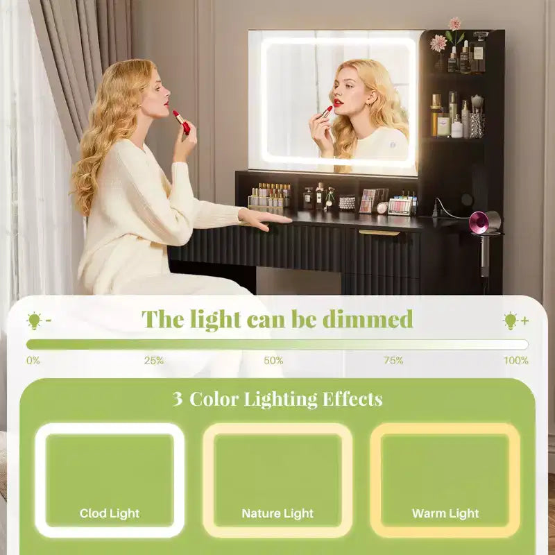 Besiost Toeletta con Specchio e 3 Luci Colorate, Scrivania da Trucco con Cassetti