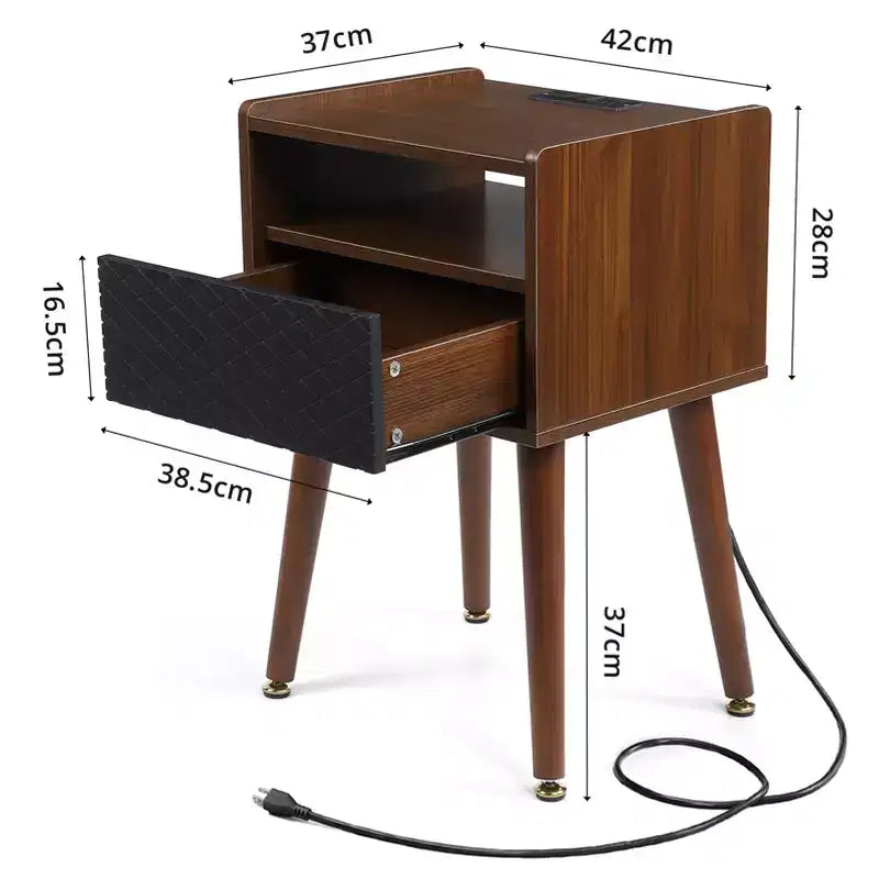 COZONY Tavolino Laterale Ricaricabile con Prese USB, Prese di Corrente, Cassetto Portaoggetti, Gambe in Legno Massello per Soggiorno Camera da Letto