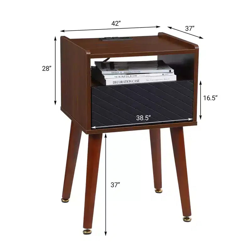 COZONY Tavolino Laterale Ricaricabile con Prese USB, Prese di Corrente, Cassetto Portaoggetti, Gambe in Legno Massello per Soggiorno Camera da Letto