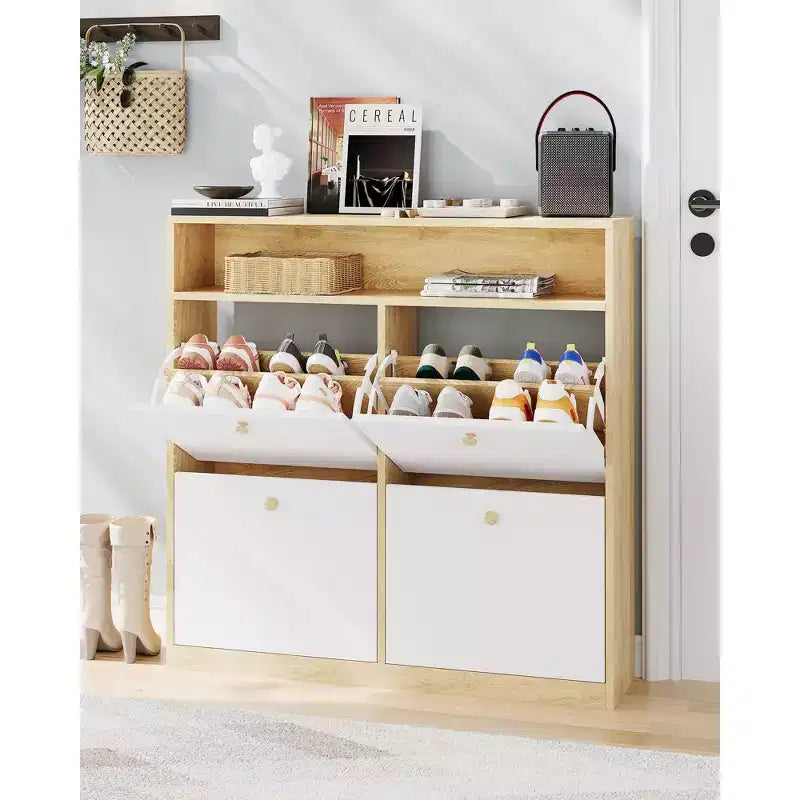 GustoWave Narrow Shoe Cabinet with 4 Flip Drawers and Open Shelf, Wooden Freestanding Shoes Rack Organizer with Shelves