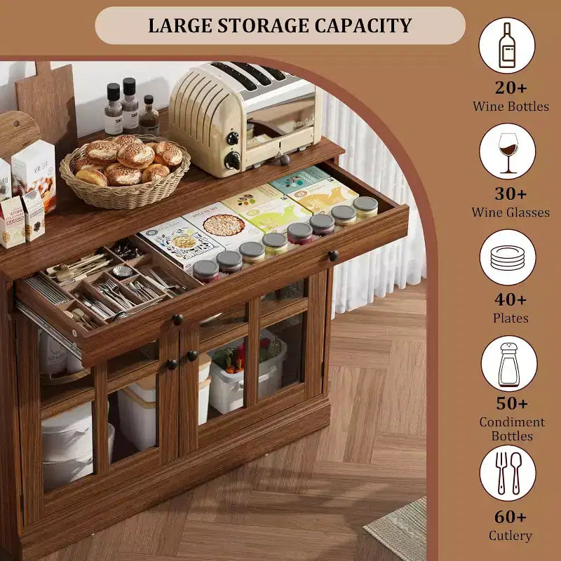 Mobile dispensa da cucina, 2 ante in vetro, buffet, cassetti laterali, con ripiani regolabili per sala da pranzo, cucina, ingresso