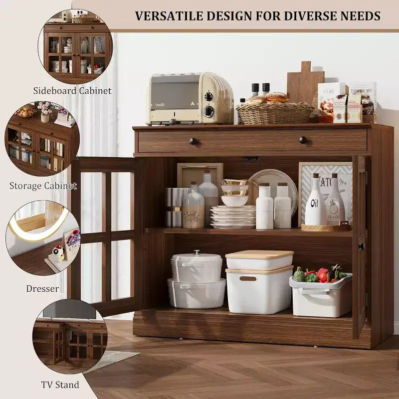 Mobile dispensa da cucina, 2 ante in vetro, buffet, cassetti laterali, con ripiani regolabili per sala da pranzo, cucina, ingresso