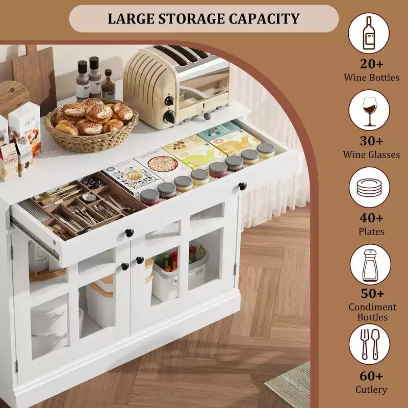 Mobile dispensa da cucina, 2 ante in vetro, buffet, cassetti laterali, con ripiani regolabili per sala da pranzo, cucina, ingresso