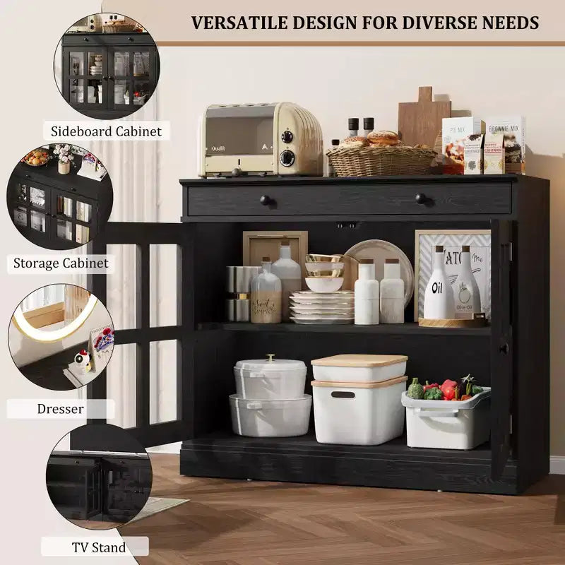 Mobile dispensa da cucina, 2 ante in vetro, buffet, cassetti laterali, con ripiani regolabili per sala da pranzo, cucina, ingresso