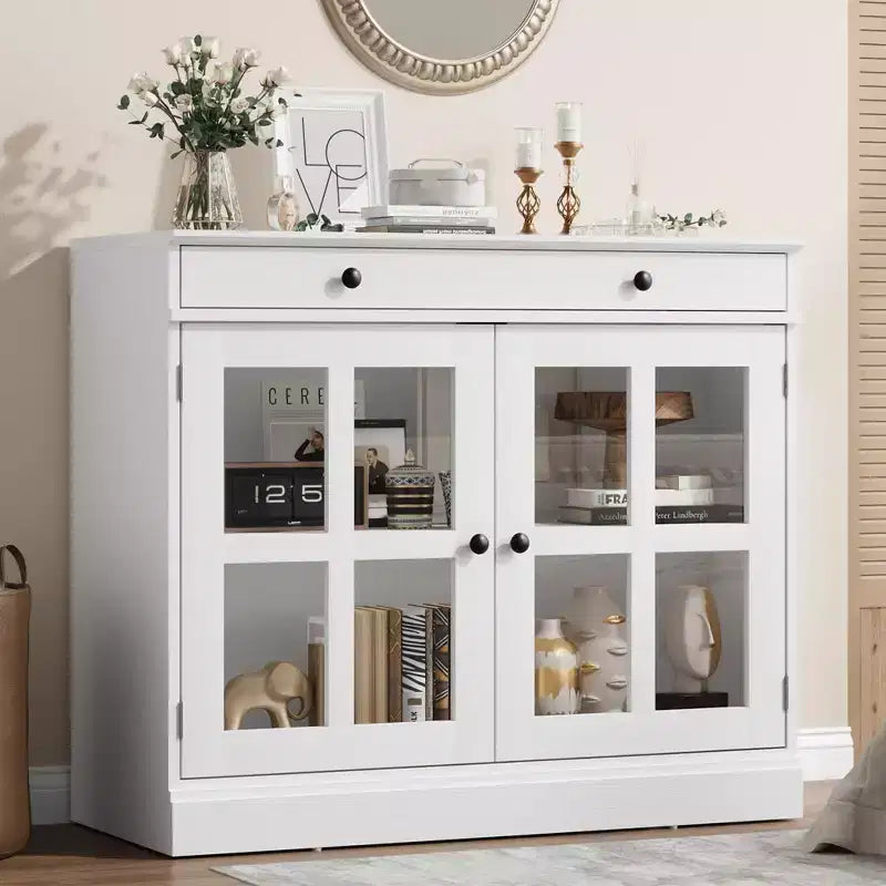 Mobile dispensa da cucina, 2 ante in vetro, buffet, cassetti laterali, con ripiani regolabili per sala da pranzo, cucina, ingresso