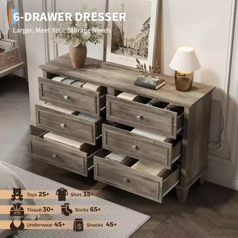 Cassettiera a 6 cassetti, mobile contenitore in legno con maniglie in metallo, cassettiera ampia moderna/mobile TV, per camera da letto, soggiorno, ingresso