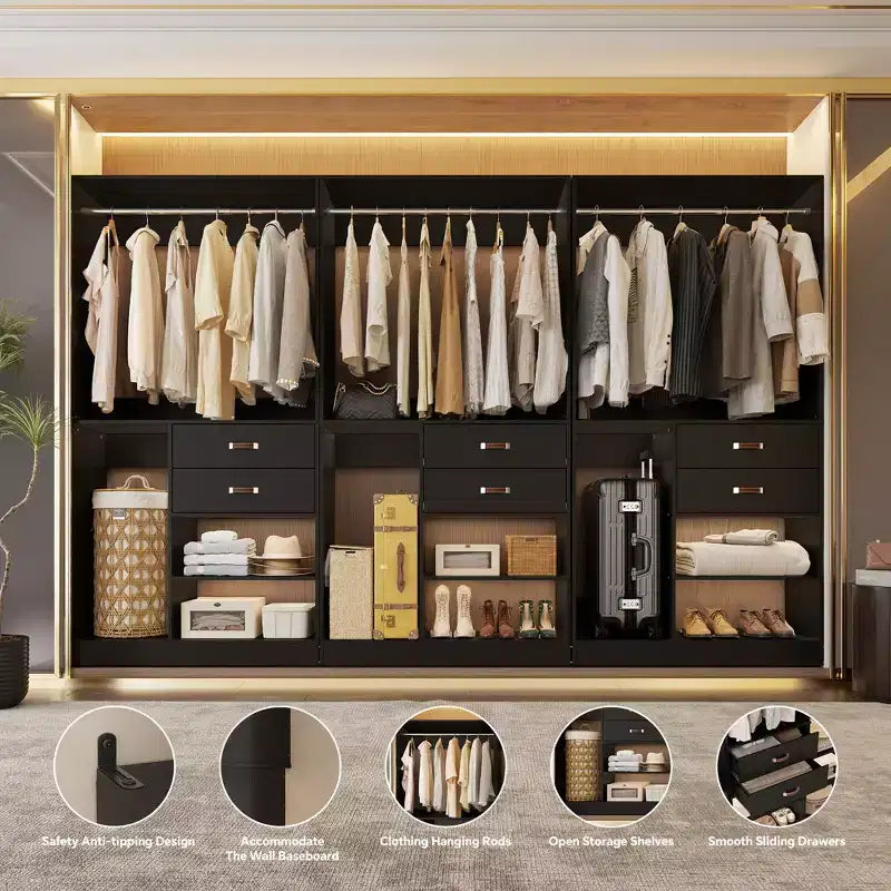 Besiost Sistema Organizer da Armadio da 101 cm con Cassetti, Guardaroba Autoportante con Aste Appendiabiti