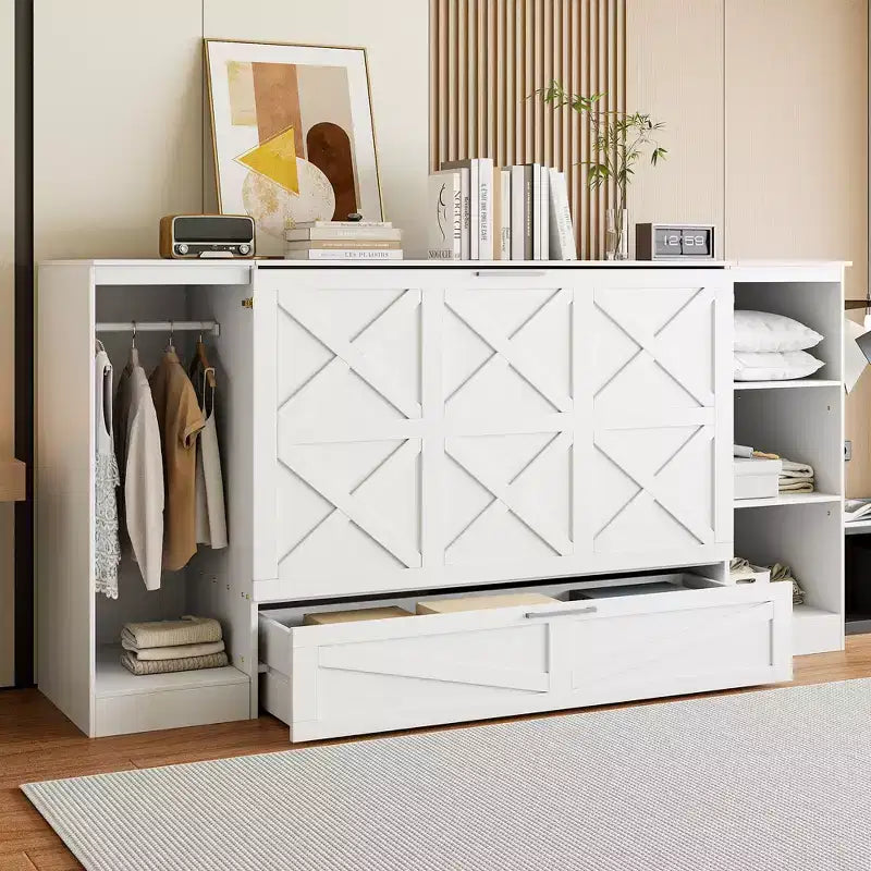 Twin Size Murphy Bed with Bedside Shelves and Wardrobe, Wood Wall Bed Folding Platform Bed Chest for Guest Room Home Office, White