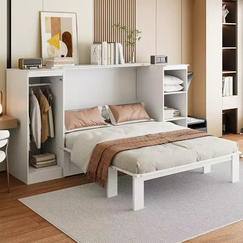 Letto a scomparsa matrimoniale con mensole e armadio laterali, letto pieghevole in legno con piattaforma a cassettone per camera degli ospiti o ufficio, bianco