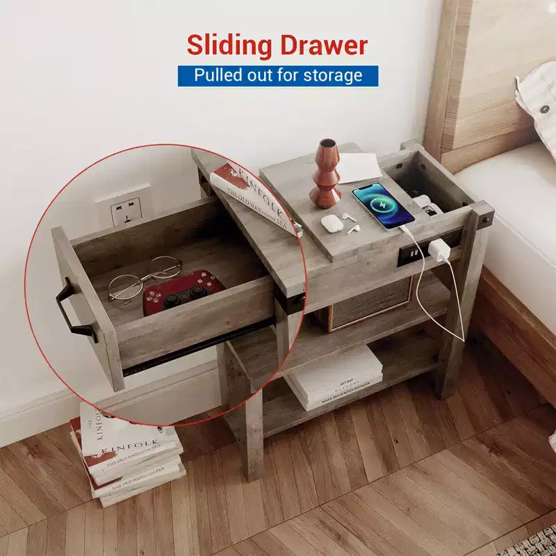 Tavolino COZONY con Stazione di Ricarica, 3 Cassetti, Comodino Stretto per Soggiorno Camera da Letto Ufficio