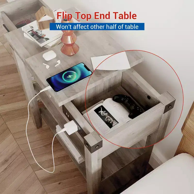 Tavolino COZONY con Stazione di Ricarica, 3 Cassetti, Comodino Stretto per Soggiorno Camera da Letto Ufficio