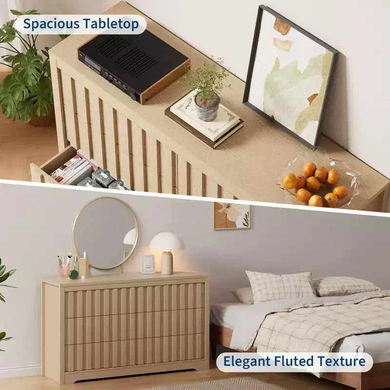 Cassettiera moderna scanalata con cassetti, cassettiera in legno senza maniglie, organizer per vestiti in legno con contenitore profondo per ingresso, soggiorno