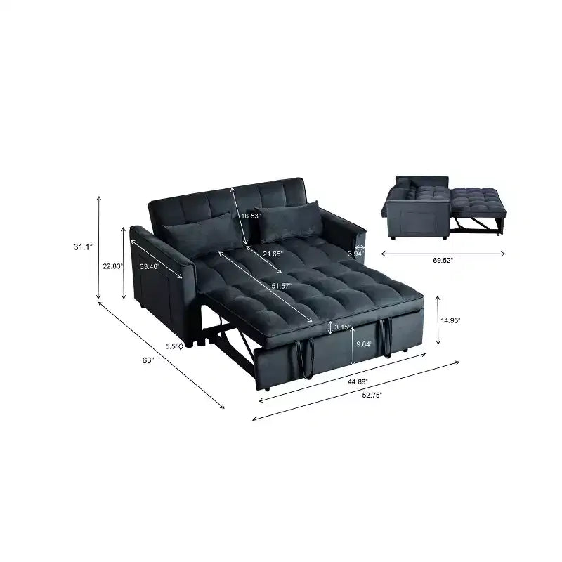 MAYEERTY Divano Moderno Convertibile Estraibile Divanetto Letto in Velluto Schienale Regolabile con Cuscini Tasche per Soggiorno Nero