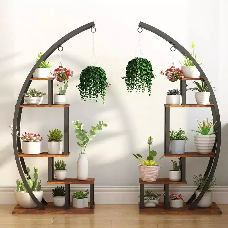Acekool Large 5-Tier Plant Stand, Semi-Circular Metal and Wood Display Shelf with Hooks, Corner Indoor Outdoor Organizer, 56 Inch