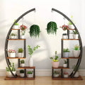 Acekool Large 5-Tier Plant Stand, Semi-Circular Metal and Wood Display Shelf with Hooks, Corner Indoor Outdoor Organizer, 56 Inch