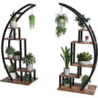 Acekool Fioriera Grande a 5 Ripiani, Scaffale Espositivo Semicircolare in Metallo e Legno con Ganci, Organizer Angolare per Interni ed Esterni, 142 cm