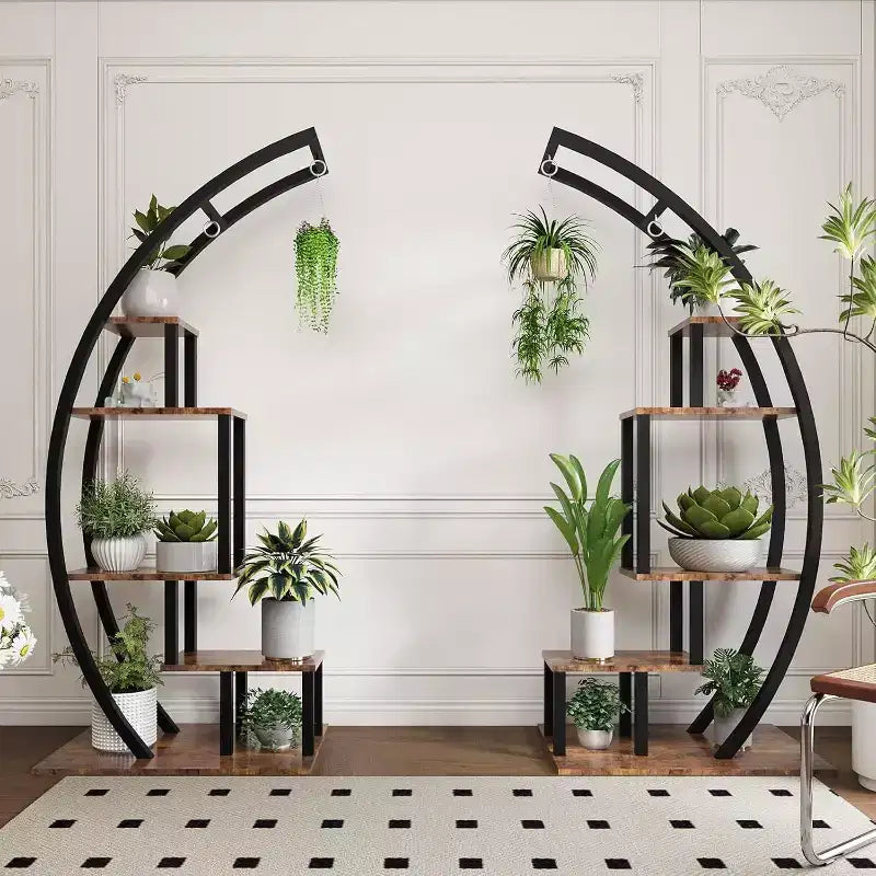 Acekool Fioriera Grande a 5 Ripiani, Scaffale Espositivo Semicircolare in Metallo e Legno con Ganci, Organizer Angolare per Interni ed Esterni, 142 cm