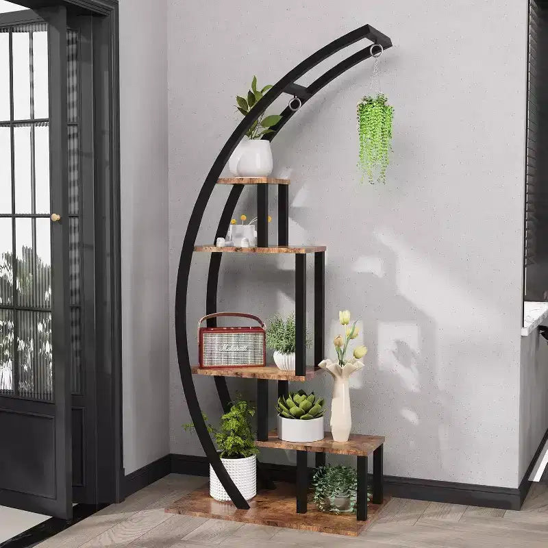 Acekool Fioriera Grande a 5 Ripiani, Scaffale Espositivo Semicircolare in Metallo e Legno con Ganci, Organizer Angolare per Interni ed Esterni, 142 cm