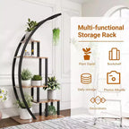 Acekool Fioriera Grande a 5 Ripiani, Scaffale Espositivo Semicircolare in Metallo e Legno con Ganci, Organizer Angolare per Interni ed Esterni, 142 cm
