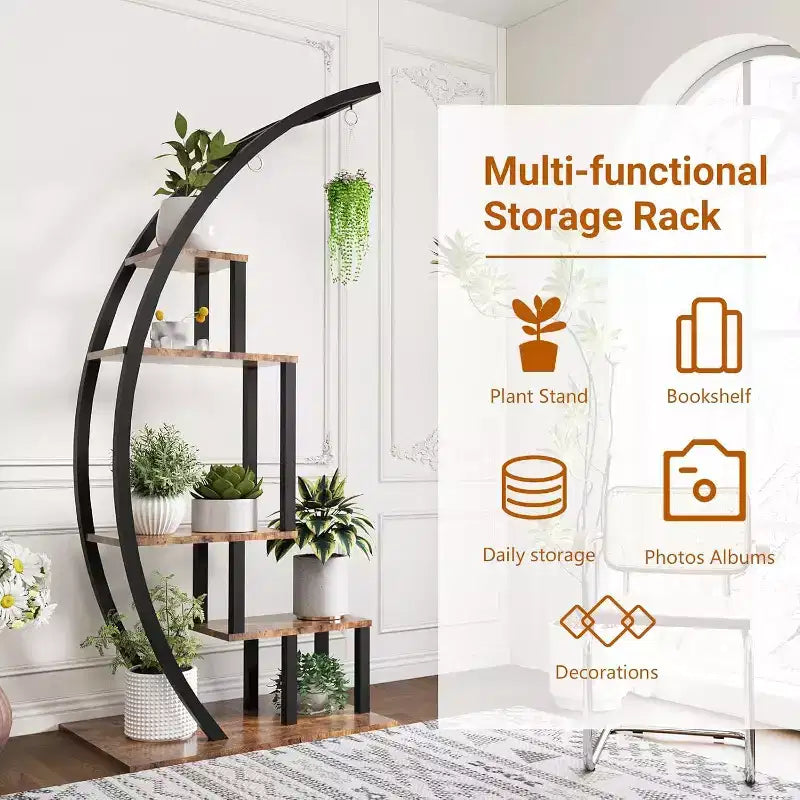 Acekool Fioriera Grande a 5 Ripiani, Scaffale Espositivo Semicircolare in Metallo e Legno con Ganci, Organizer Angolare per Interni ed Esterni, 142 cm