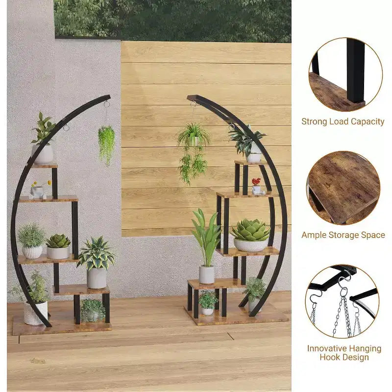 Acekool Fioriera Grande a 5 Ripiani, Scaffale Espositivo Semicircolare in Metallo e Legno con Ganci, Organizer Angolare per Interni ed Esterni, 142 cm